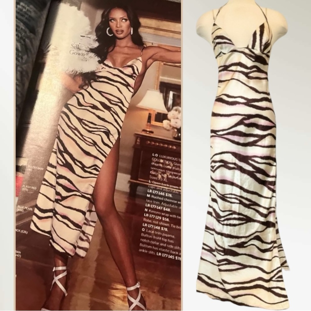 🌺SOLD🌺Victoria’s Secret Silk Ivory Pink Tan Tiger Striped Maxi Gown Slip Dress L - Picture 9 of 10